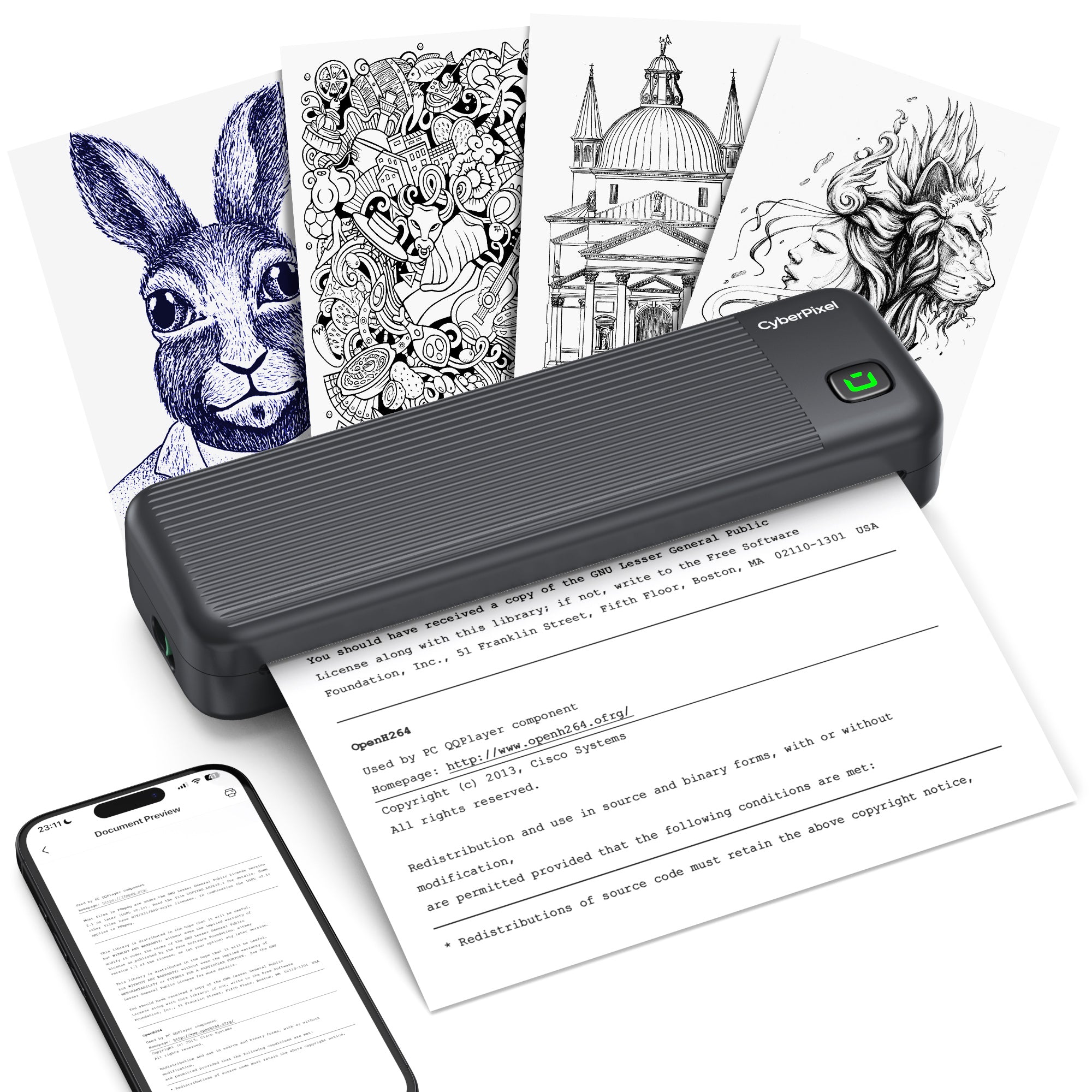 P8 Portable Printer Inkless Bluetooth Thermal Printer Wireless for Travel compatible with iOS, Android, Laptop, Supports 8.5"x11" US Letter for Office, Car, Home, Black